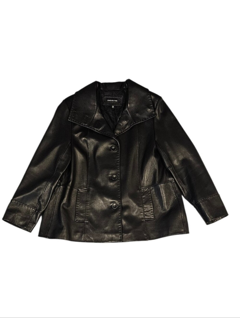 Jones New York Women’s XL Black Genuine Leather Blazer Jacket Y2K 3 Button